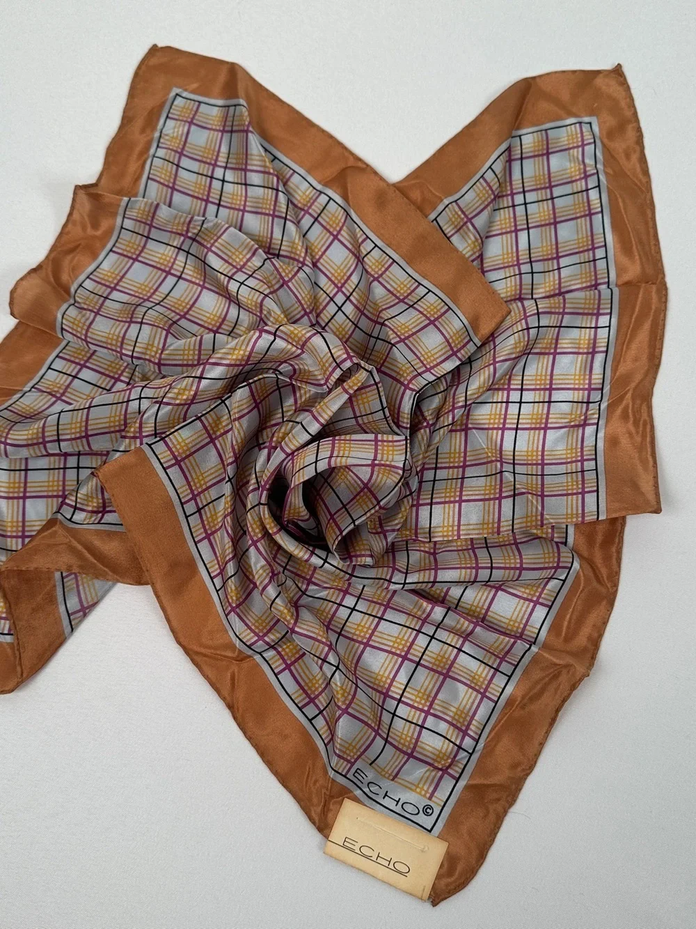 Echo NWT Vintage Plaid 100% Silk Scarf Japan Copper, Gray, Navy, Purple